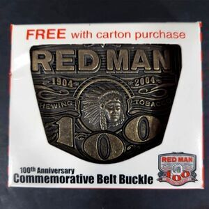 NIB Vintage Red Man Tobacco 100th Anniversary 1904 Centennial Brass Belt Buckle